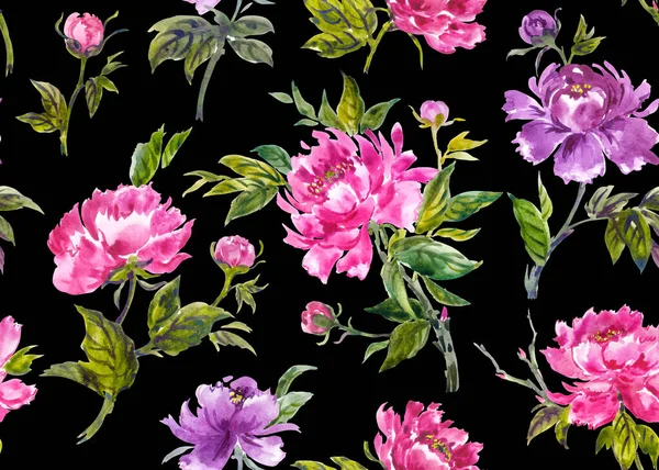 Patrón Sin Costuras Peonies Sobre Fondo Negro Estilo Chino Japonés — Foto de Stock