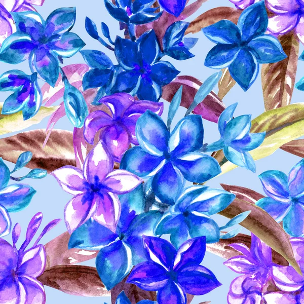 Plumeria (frangipani) seamless pattern in blue and purple colors, watercolor illustration. Bright colorful floral tropical print for fabric and other designs.