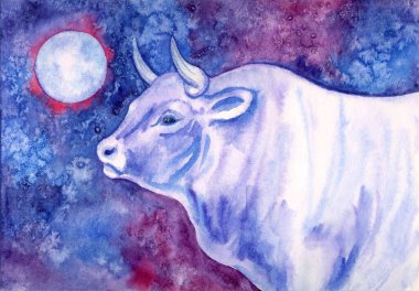Ayın altındaki boğa, suluboya çizimi, Doğu burcuna göre yılın sembolü, burç burcu Taurus..