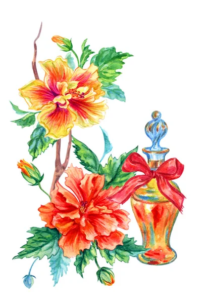 Parfum Fles Tropische Hibiscus Bloemen Aquarel Illustratie Witte Achtergrond Geïsoleerd — Stockfoto