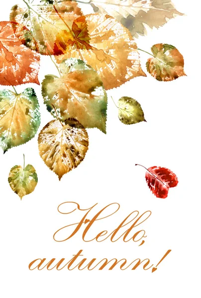 Kartka Jesiennymi Liśćmi Napis Hello Autumn Ilustracja Akwarela Nadrukami Jesiennych — Zdjęcie stockowe