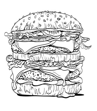 Çifte burger, çizgisel çizim, grafik çizim, yetişkinler ve çocuklar için boyama kitabı, menü, poster ve diğer tasarımlar için resim.