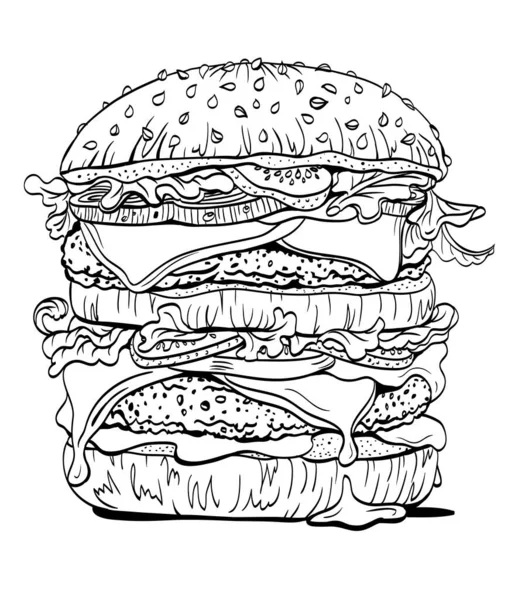 Hamburguesa Doble Dibujo Lineal Contorno Boceto Gráfico Libro Para Colorear — Vector de stock