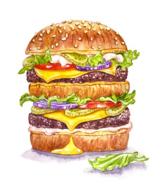 Çift burger, suluboya çizim, poster, kartpostal, menü ve diğer tasarımlar için baskı.