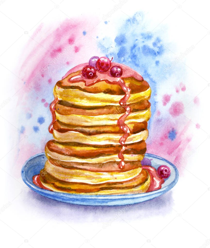 Pancakes with cranberries, traditional American breakfast, watercolor painting, illustration for the menu, print for various designs.