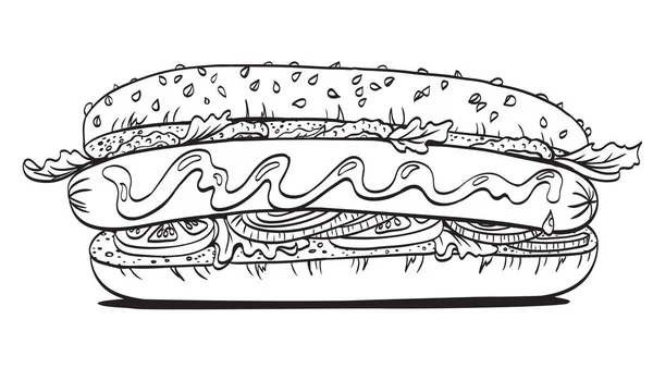 Hot Dog Comida Rápida Americana Imagen Vectorial Blanco Negro Ilustración — Vector de stock