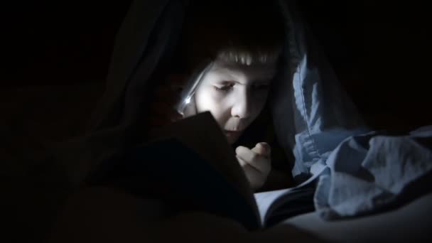 A boy with a flashlight under a blanket is reading a book. Shkolnik, emotions, secrets, horrors, laughter — Stock Video