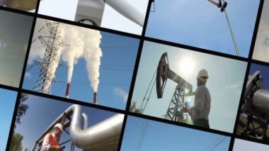Enerji endüstrisi. Montaj ekran bölün. Petrol, elektrik, enerji iletimi, Rüzgar enerjisi işleme çıkarma