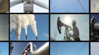 Enerji endüstrisi. Montaj ekran bölün. Petrol, elektrik, enerji iletimi, Rüzgar enerjisi işleme çıkarma