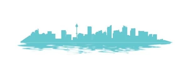 Kék Silhouette egyszerű vonal művészeti város tükrözi a víz fehér háttér — Stock Vector