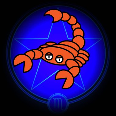 Çizgi film işaret zodyak Scorpio vektör ikon üzerinde koyu mavi yıldız arka plan