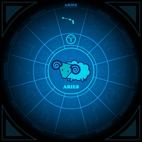 Astronomie van Aries Zodiac cirkel met pictogram vector van de tekens van de dierenriem op zwarte achtergrond — Stockvector