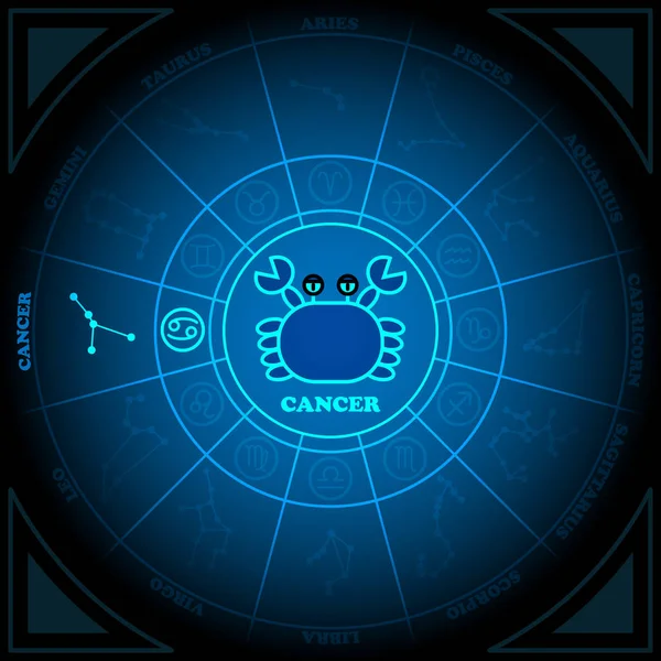 Astronomia do Círculo do Zodíaco do Câncer com vetor de ícone de signo do zodíaco no fundo preto — Vetor de Stock