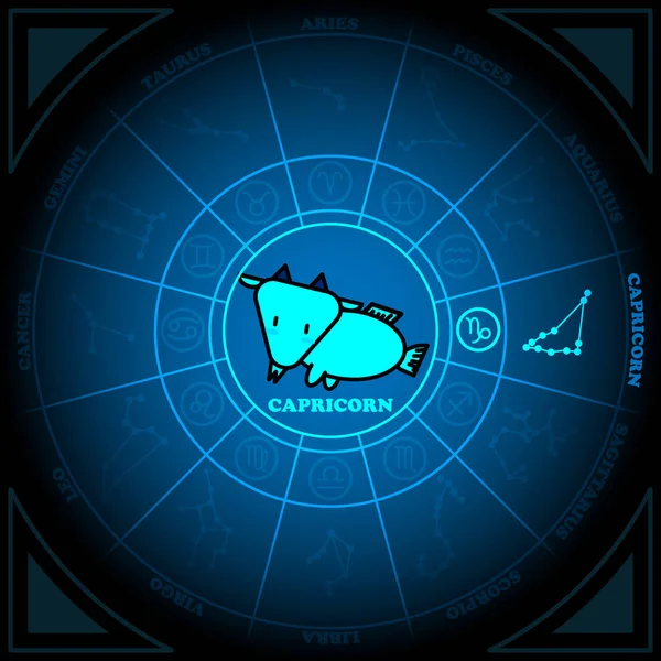 Astronomie van Steenbok Zodiac cirkel met dierenriem teken pictogram vector op zwarte achtergrond — Stockvector