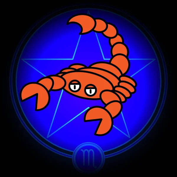 Sinal de desenho animado zodíaco de ícone de vetor de Escorpião no fundo estrela azul escuro —  Vetores de Stock