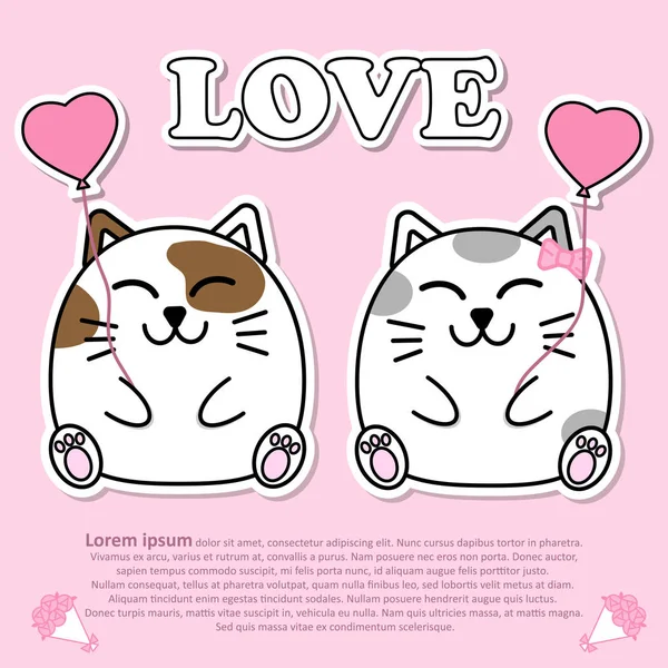 Charmant couple mignon chat avec ballon coeur rose en Valentin et papier découpé autocollant concept — Image vectorielle