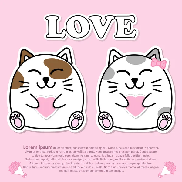 Charmant couple mignon chat avec coeur rose à la main pour la Saint-Valentin et le papier découpé autocollant concept — Image vectorielle