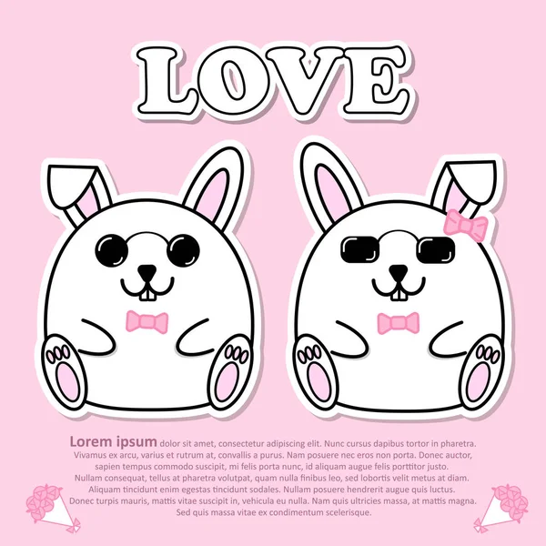 Joli couple mignon lapin porter des lunettes de soleil et noeud papillon rose dans le concept d'autocollant de coupe Valentine et papier — Image vectorielle