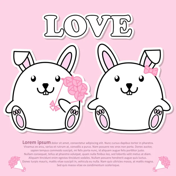 Joli couple mignon lapin avec bouquet de rose rose fleur en Valentin et papier découpé autocollant concept — Image vectorielle