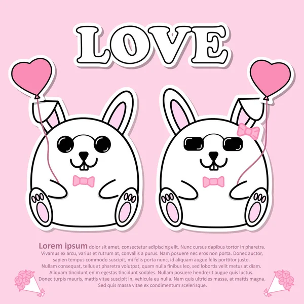 Joli couple mignon lapin avec ballon coeur rose et porter noeud papillon rose dans le concept d'autocollant Valentine et coupe papier — Image vectorielle