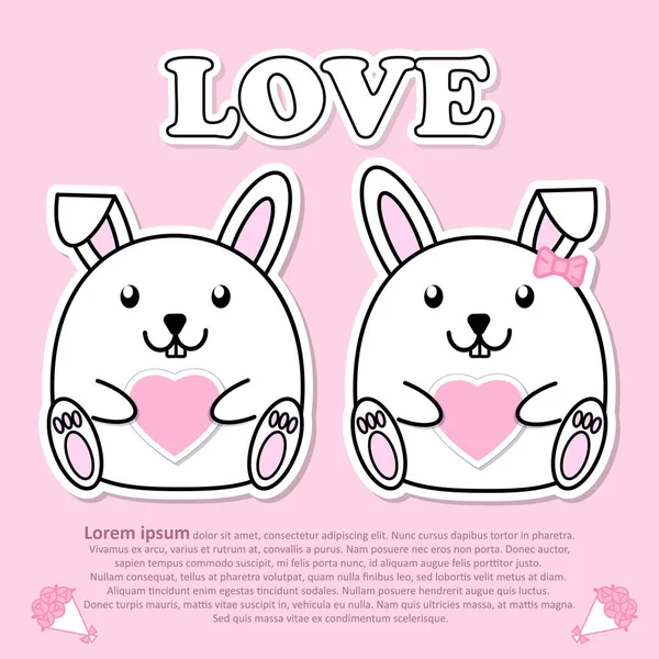 Joli couple mignon lapin avec coeur rose à la main pour la Saint-Valentin et la coupe de papier autocollant concept — Image vectorielle