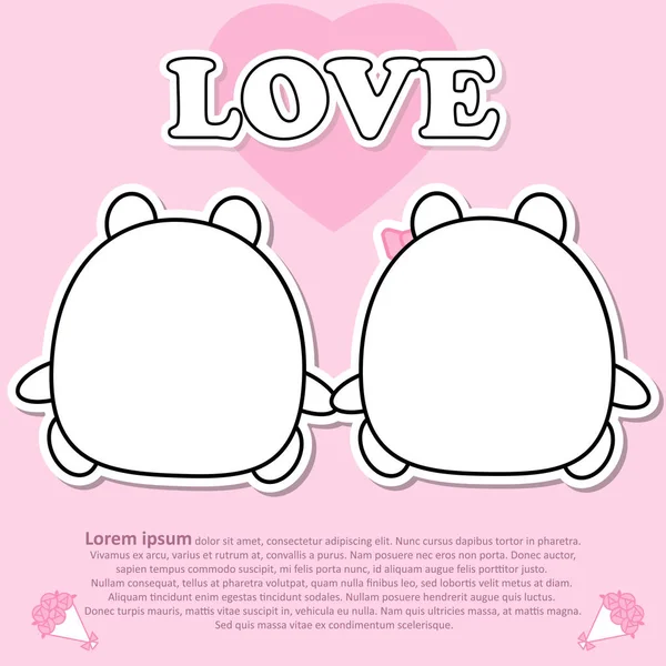 Dos de joli couple ours mignon avec coeur rose et bouquet de fleurs en Valentin et papier découpé autocollant concept — Image vectorielle