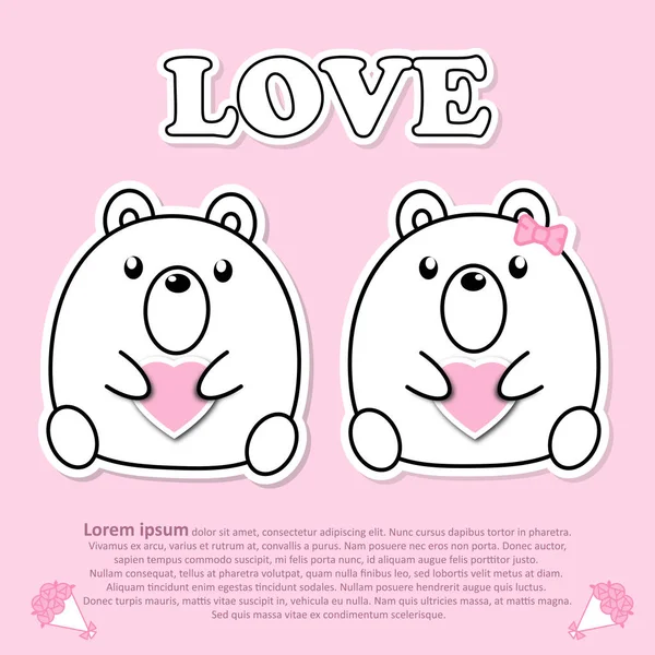 Joli couple ours mignon avec coeur rose et bouquet de fleurs en Valentin et papier découpé autocollant concept — Image vectorielle