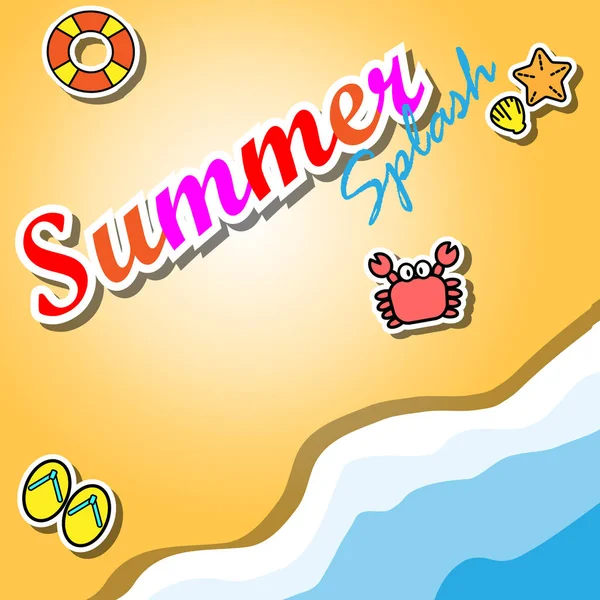Palabra de salpicadura de verano en la playa de arena con artículos de verano para el concepto de vacaciones — Vector de stock
