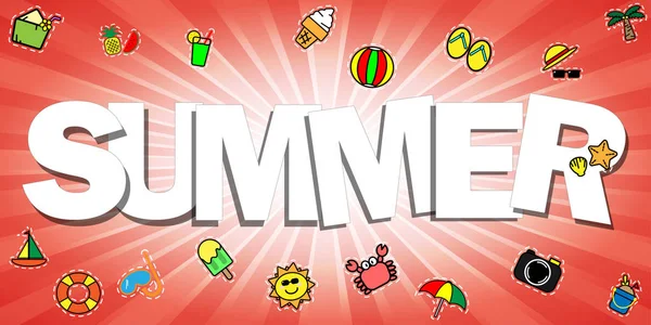 Sommerwort mit Sommersachen auf rotem Burst-Hintergrund — Stockvektor