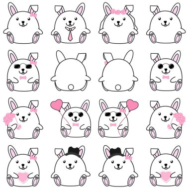 Güzel hoş bir çift tavşan koleksiyonu ile çeşitli karakter ayrı tut moduyla vektör Icon set çizgi film