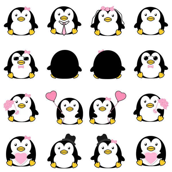 Bella coppia carino cartone animato pinguino raccolta insieme con varietà personaggio isolato icona vettoriale — Vettoriale Stock