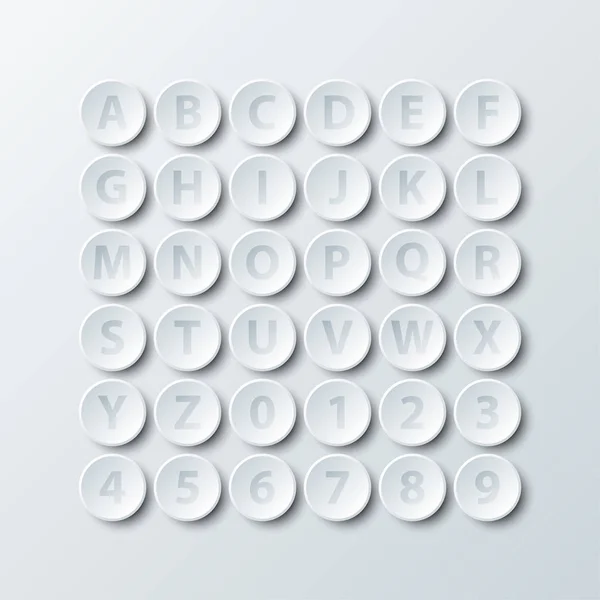 Papel de círculo blanco simple 3d del alfabeto y el icono de número para el concepto de ilustración de diseño de vectores — Vector de stock