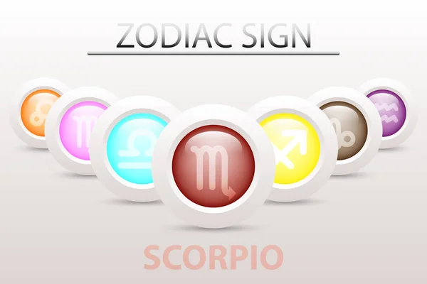 Horoskop astrologi zodiac sign symbol Scorpio på sekvens med 3d enkla vita knappen papper och skugga släpp i grafisk design ikon vektor — Stock vektor