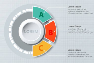 Üç konu renkli yarım pasta grafik 3d kağıt daire merkezi için Web sitesi tanıtımı kapak poster vektör tasarım Infographic illüstrasyon kavramı ile