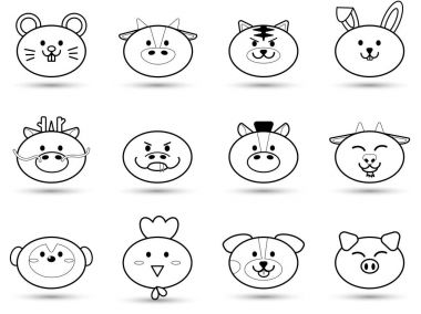 Hayvan basit anahat yağlı şirin başkanı sembolü Çince Zodyak burç koleksiyonu kümesi vektör simge tasarlamak için kayıt