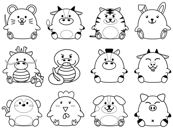Simpel skitse søde fede tegneserie af kinesisk stjernetegn horoskop dyr tegn samling sæt – Stock-vektor