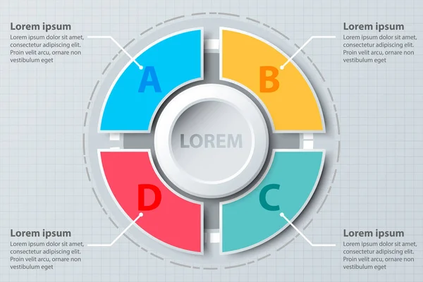 Quatro tópicos colorido gráfico de pizza 3d papel com círculo no centro para apresentação do site capa poster vetor design infográfico ilustração conceito —  Vetores de Stock