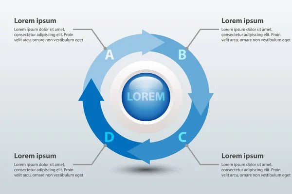 Vier Themen blauer Pfeil Diagramm 3D-Papier mit Kreis in der Mitte für Website-Präsentation Cover Poster Vektor Design Infografik Illustration Konzept — Stockvektor