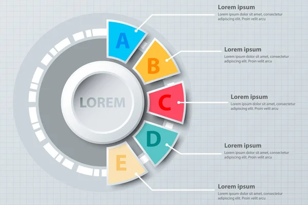 Cinco temas colorido medio gráfico circular 3d papel con círculo en el centro para la presentación del sitio web cubierta cartel vector diseño infografía ilustración concepto — Vector de stock