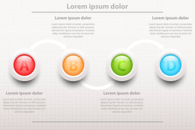 Dört renkli konuları sırayla 3D daireler Web sitesi tanıtımı için adım poster vektör tasarım Infographic illüstrasyon kavramı kapsar