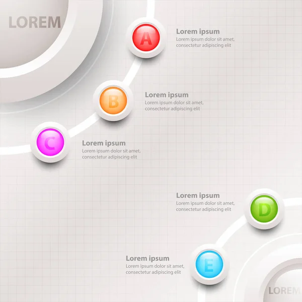 Fem färgstarka ämnen 3d cirkel i hörnet för webbplats presentation cover affisch vektor infographic illustration designkoncept — Stock vektor