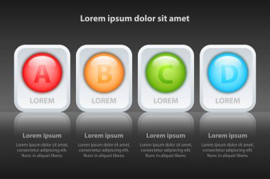 Beyaz kare ve yansıma sunu kapak poster vektör tasarım Infographic illüstrasyon kavramı için parlak renkli dört konular 3d daire