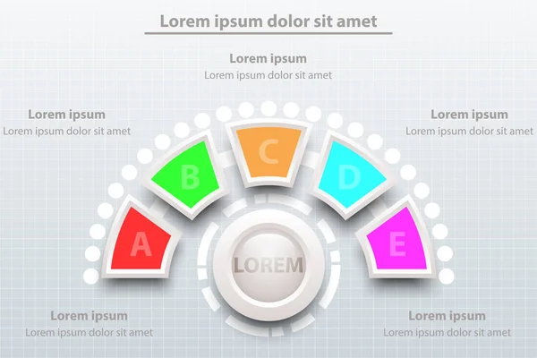 Kleurrijke vijf onderwerpen halve cirkeldiagram 3D-papier met cirkel in centrum voor presentatie dekken poster vector ontwerpconcept infographic illustratie — Stockvector