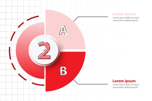 Zwei Themen des roten halben Kuchendiagramms mit 3D-Papierkreis in der Mitte für Website-Präsentation Cover Poster Vektor Design Infografik Illustrationskonzept — Stockvektor