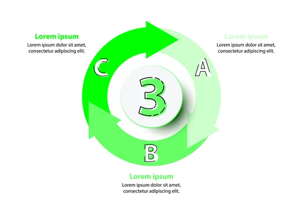 Drei Themen grünes Pfeildiagramm mit 3D-Papierkreis in der Mitte für Website-Präsentation Cover Poster Vektor Design Infografik Illustration Konzept — Stockvektor