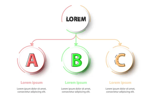 Tre ämnen färgglada 3d cirklar i organisera diagram på vit bakgrund för webbplats presentation cover affisch vektor infographic illustration designkoncept — Stock vektor