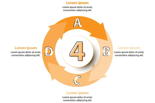 Gráfico de flecha naranja de cuatro temas con círculo de papel 3d en el centro para la presentación del sitio web cubierta cartel vector diseño infografía ilustración concepto — Vector de stock