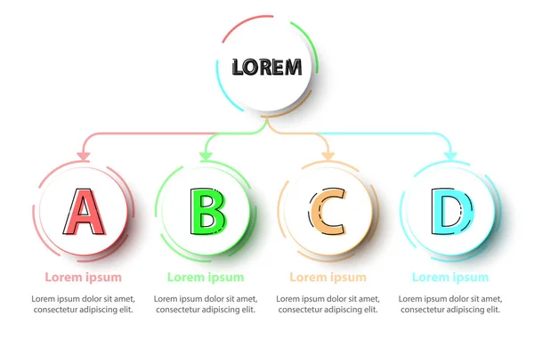 Quatro tópicos Círculos 3D coloridos em organizar gráfico em fundo branco para apresentação do site capa poster vetor design infográfico ilustração conceito —  Vetores de Stock