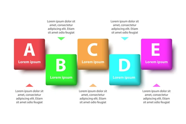 Fem ämnen färgglada 3d papper kvadrat på sekvensen för webbplats presentation cover affisch vektor infographic illustration designkoncept — Stock vektor