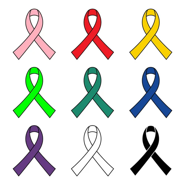 Colorful simple awareness ribbons set isolated on white background icon vector graphic design — Stock Vector